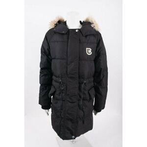 COACH Womens Down Puffer Jacket Coat Black Sz 2 Hooded Lamb Shearling trim NEW